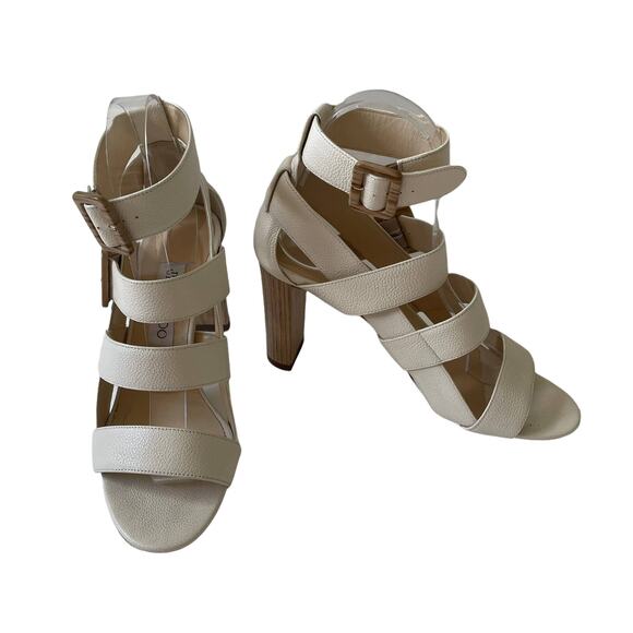Jimmy Choo Maya 85 Cage Sandal Wood Heel Pebbled Leather Cream 37.5 - Picture 4 of 14